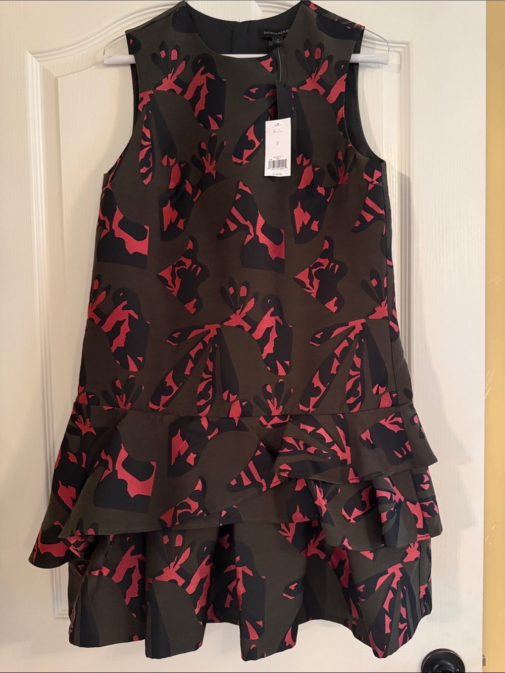 Banana Republic Olive Green Dress w/Black/Pink Abstract Print and Ruffle Hem